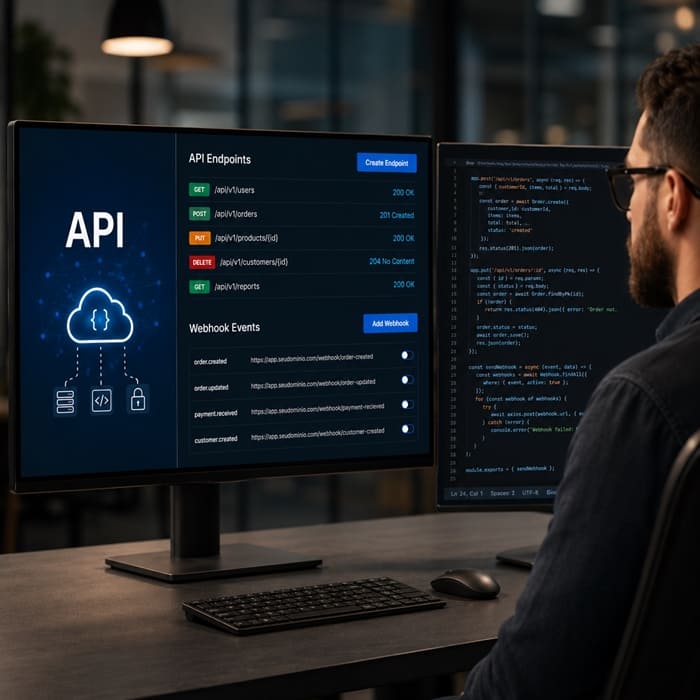 Desenvolvedor trabalhando em integração de sistemas, com painel de APIs e Webhooks customizados em monitor, representando comunicação segura e em tempo real entre softwares e aplicativos