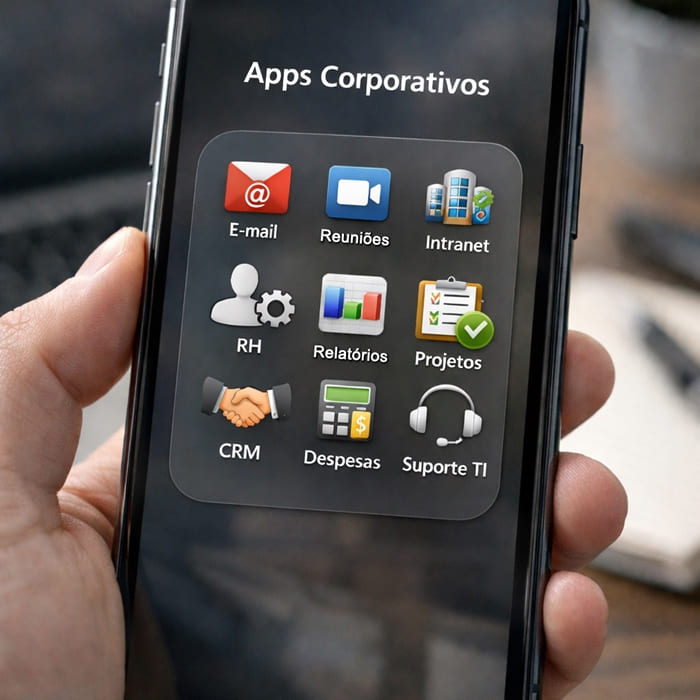 Smartphone Android com aplicativos corporativos como CRM, RH, Projetos e Suporte TI para empresas