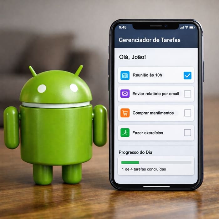 Aplicativo nativo Android exibido em smartphone ao lado do mascote Android