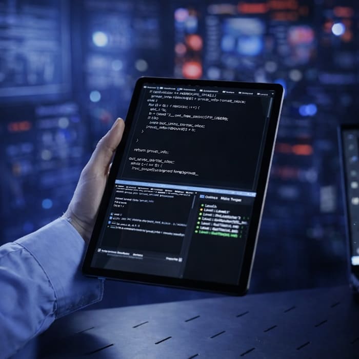 Homem utilizando tablet com código para criação de software e automação de processos empresariais
