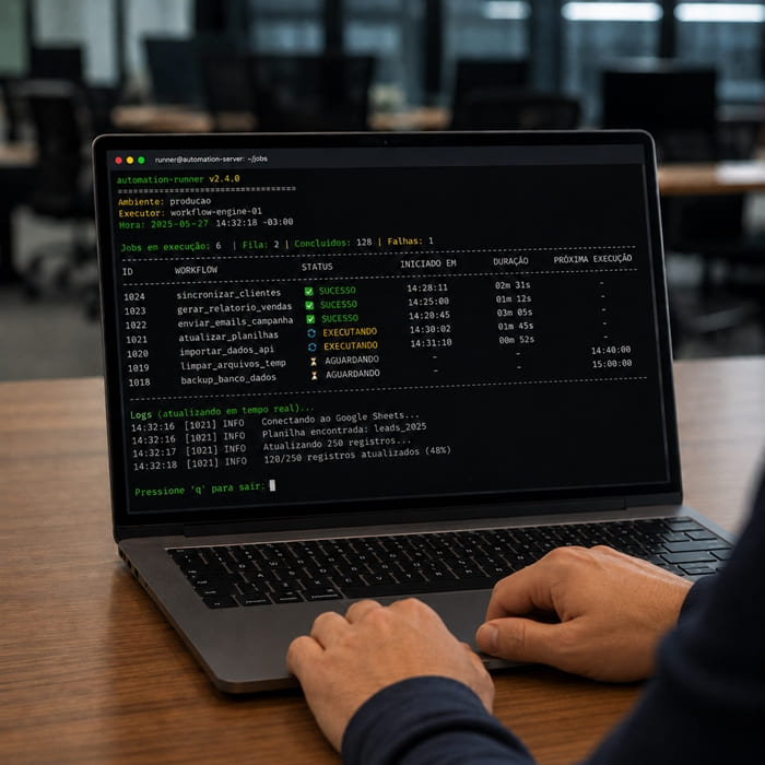 Automação de workflows com terminal executando jobs em tempo real, representando scripts que eliminam tarefas manuais repetitivas, integram plataformas e reduzem erros humanos