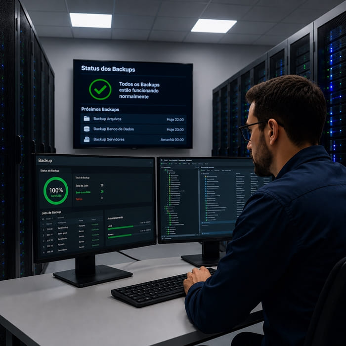 Técnico de TI monitorando rotinas de backup automatizado em sala de servidores, representando proteção de arquivos, bancos de dados e restauração rápida em falhas críticas