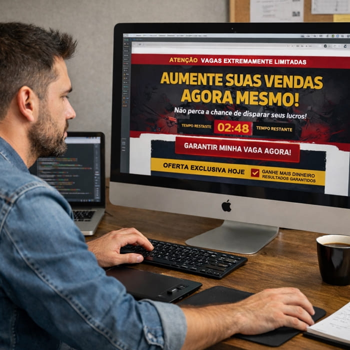 Profissional de criação de sites desenvolvendo landing page de alta conversão com foco em marketing digital, vendas e geração de leads