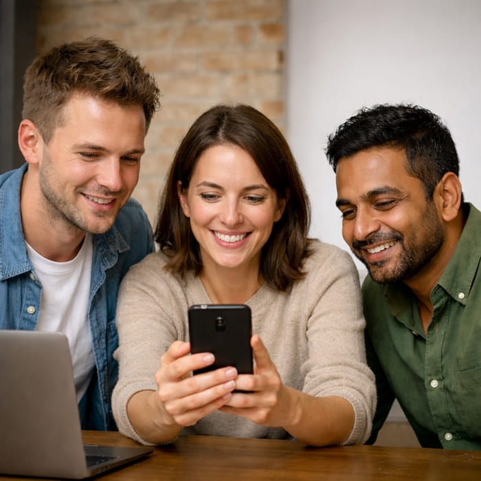 Equipe analisando aplicativo Android em smartphone no desenvolvimento de MVP para startup