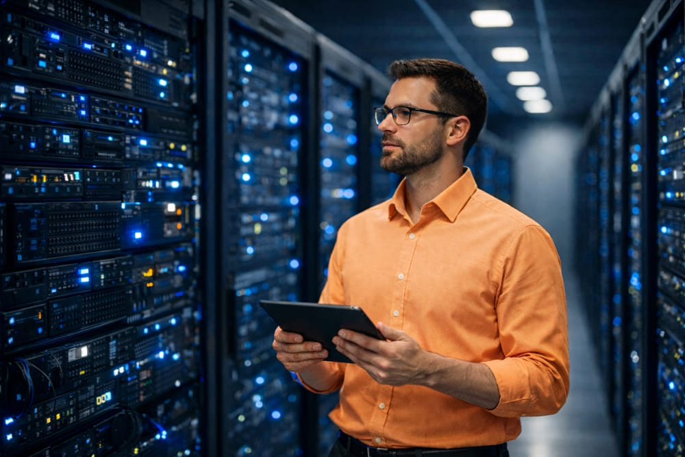 Especialista em tecnologia verificando servidores