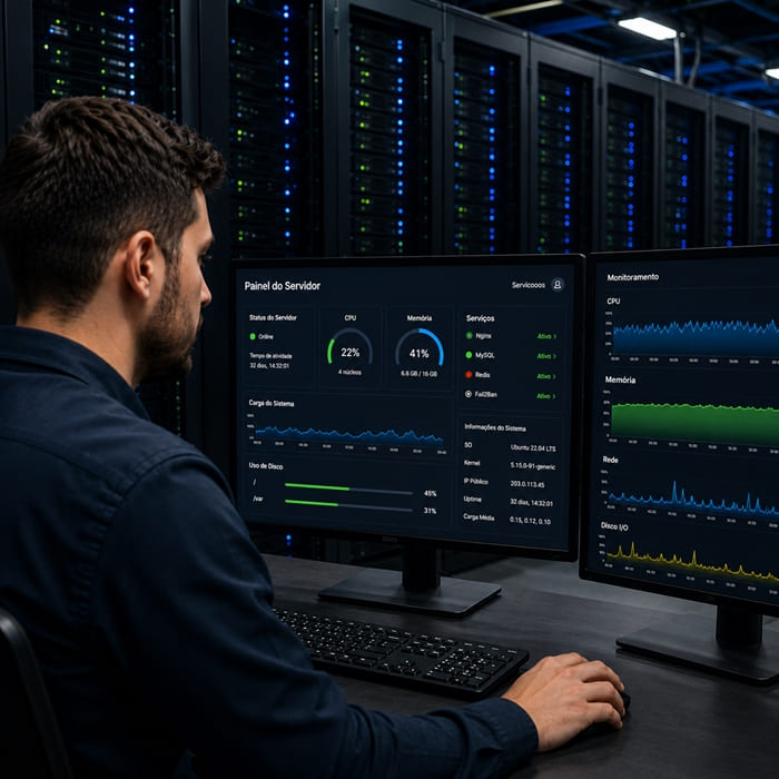 Técnico monitorando servidores em data center com painel de CPU, memória e serviços, representando gestão de servidor VPS, dedicado e cloud para hospedagem estável, rápida e escalável