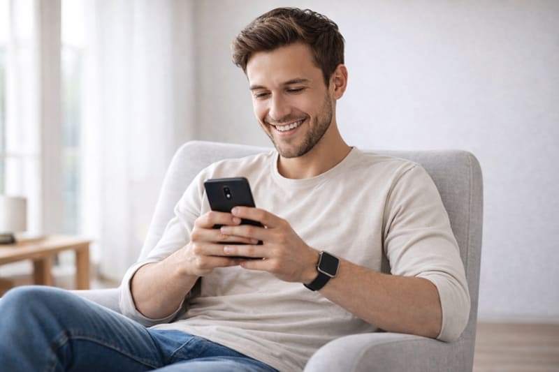 Homem sorrindo usando aplicativo Android no smartphone durante desenvolvimento mobile