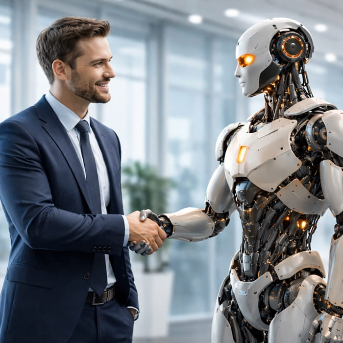 Empresário apertando a mão de robô de inteligência artificial, representando criação de agente de IA autônomo para execução de tarefas e atendimento resolutivo