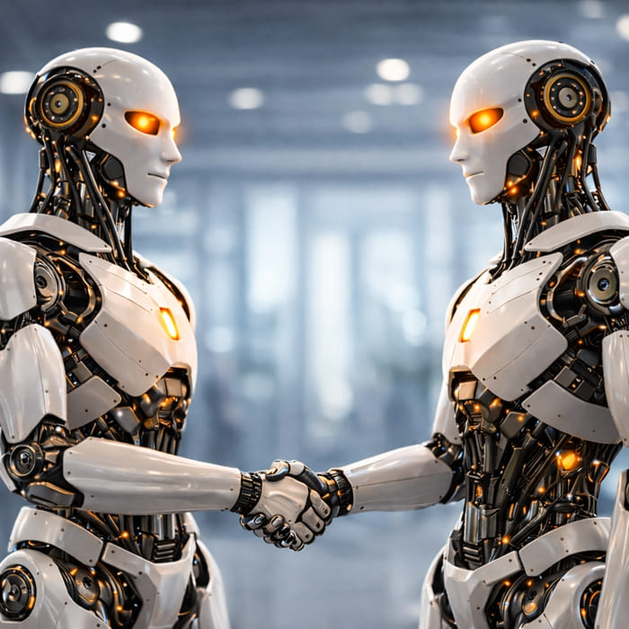 Dois robôs de inteligência artificial apertando as mãos, representando criação de agente de IA autônomo para integração de sistemas via API e automação de fluxos