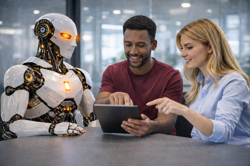 Equipe analisando dados em tablet com robô de inteligência artificial, representando investimento em agentes de IA para escalar operações empresariais e reduzir custos