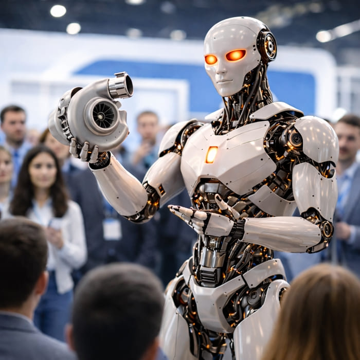Robô de inteligência artificial apresentando solução para público, representando criação de agente de IA focado em qualificação de leads, negociação e vendas automáticas