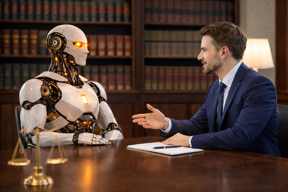 Profissional conversando com robô de inteligência artificial em ambiente jurídico, representando criação de agentes de IA especialistas treinados para nichos de mercado específicos