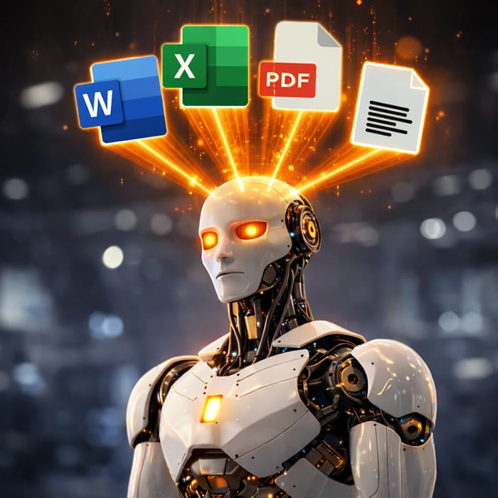 Robô de inteligência artificial processando PDFs, Word, Excel e conteúdo do site, representando criação de agente de IA especialista usando tecnologia RAG corporativa