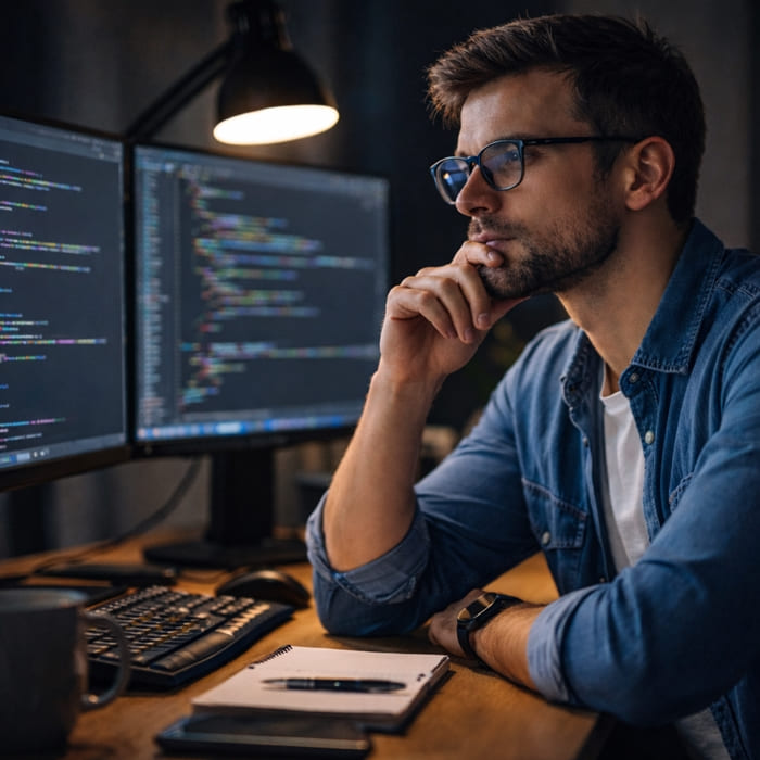 Desenvolvedor de software analisando código em múltiplos monitores durante implementação de integração de APIs em sistema web