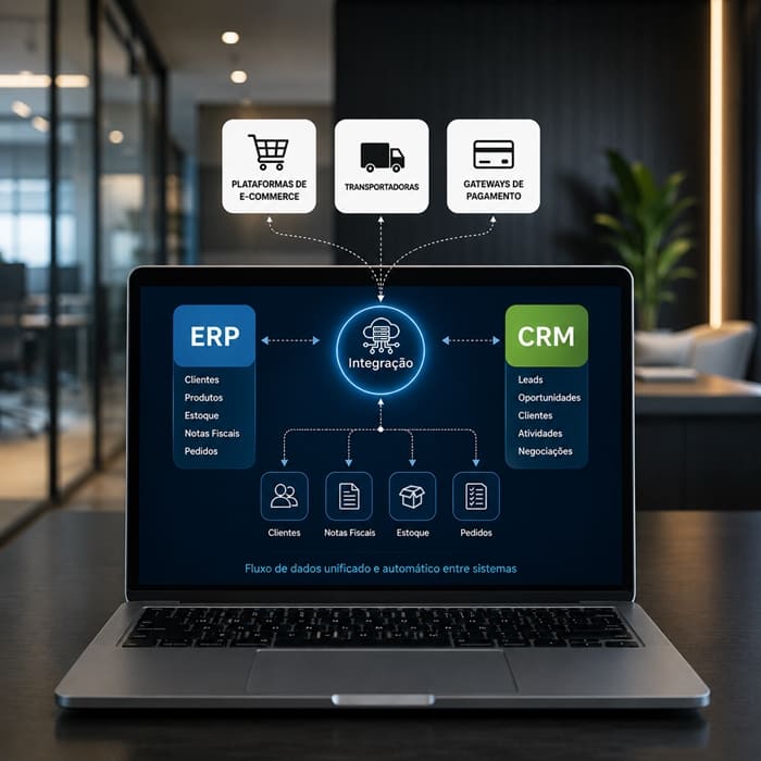 Integração entre ERP e CRM em notebook corporativo, representando a conexão automatizada entre plataformas de e-commerce, transportadoras, gateways de pagamento, clientes, notas fiscais, estoque e pedidos