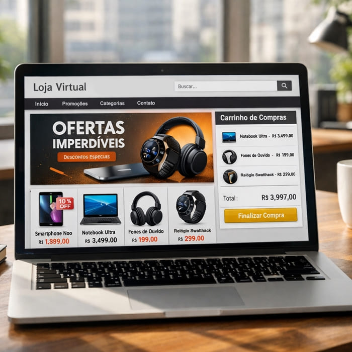 Loja virtual exibida em notebook, e-commerce moderno com ofertas de produtos e carrinho de compras