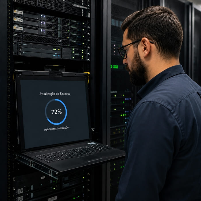 Administrador de sistemas realizando manutenção preventiva em servidores, com tela de atualização do sistema operacional em progresso, representando aplicação de patches de segurança, hardening e proteção da infraestrutura web contra vulnerabilidades