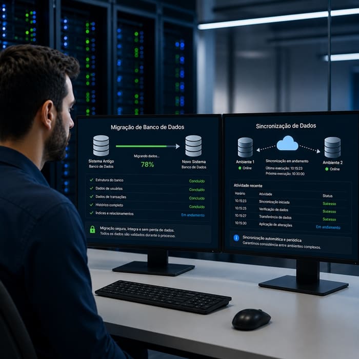Profissional de TI monitorando telas com dashboards de migração de banco de dados e sincronização automática, representando troca segura de sistemas sem perda de histórico e integração periódica entre ambientes complexos