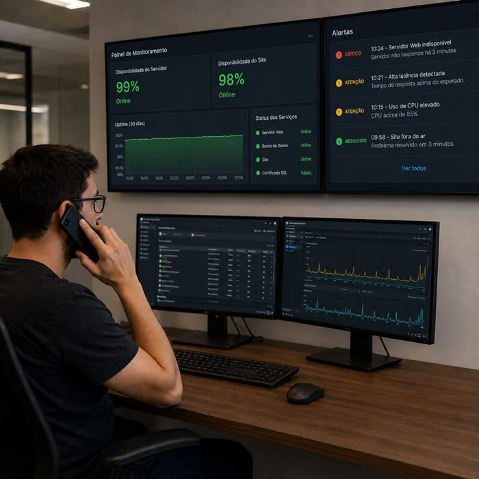 Monitoramento contínuo de uptime de servidor e site em painel de controle, com alertas em tempo real para diagnóstico de instabilidades e resposta rápida a incidentes