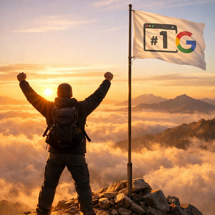 Profissional alcançando o topo dos resultados do Google, representando a melhor otimização SEO para o site