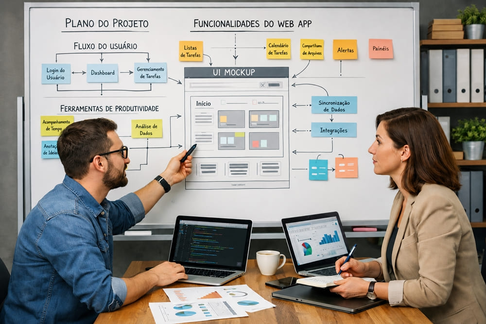Planejamento de sistema web personalizado com engenheiro de software e cliente definindo fluxos, funcionalidades e interface de aplicação para desenvolvimento de software sob demanda