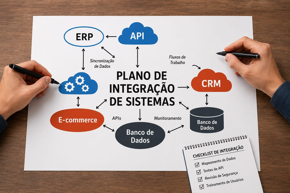 Plano de integração de sistemas com ERP, CRM, API, e-commerce e banco de dados, representando a conexão entre plataformas empresariais, automação de processos, sincronização de dados e checklist de implantação