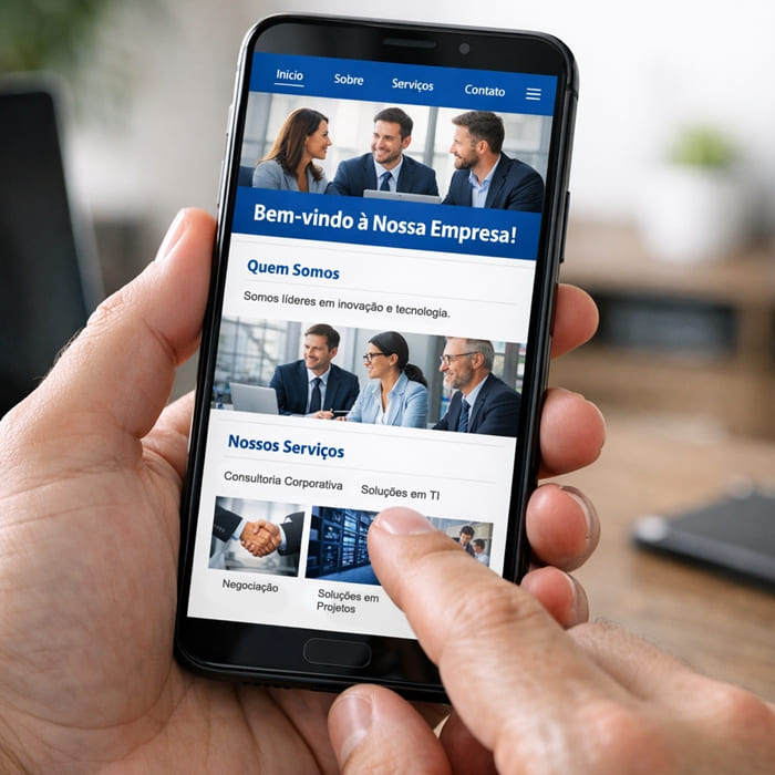 Site institucional sendo navegado no celular, com layout responsivo, design moderno e foco em empresas