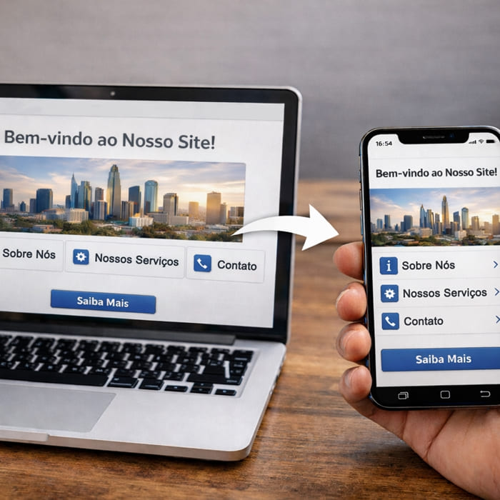 Notebook exibindo site institucional sendo transformado em aplicativo Android no smartphone
